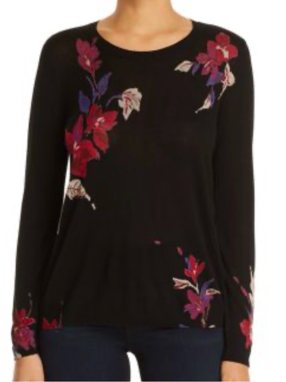 Daniel Rainn Size Small Black Long-Sleeve Pullover Sweater with Floral Design